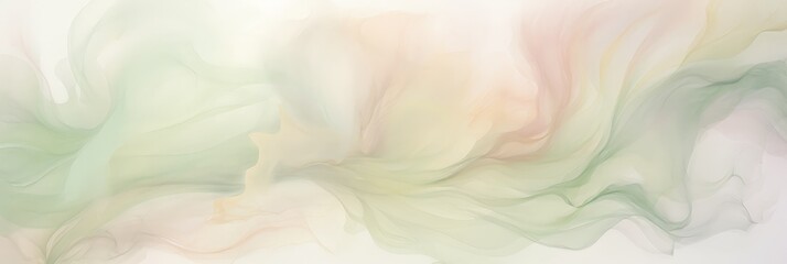 Poster - pastel pink green abstract painting hanging on a white wall, blending lush green hues with delicate white strokes
