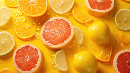 fresh oranges, grapefruit, lemons, citrus slices and slices, fruits with drops of juice, empty space for text,