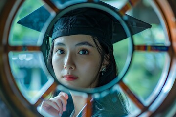 Wall Mural - Portrait of a Young Female Graduate in Cap and Gown through Circular Frame, Reflective Academic Achievement Concept