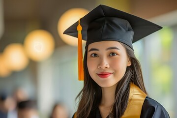 Wall Mural - Portrait of a Smiling Young Asian Female Graduate in Cap and Gown with University Campus Background