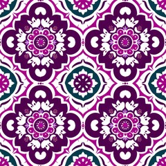 Wall Mural - A vibrant purple and green flower pattern dances gracefully across a crisp white canvas, creating a mesmerizing display of colors and shapes