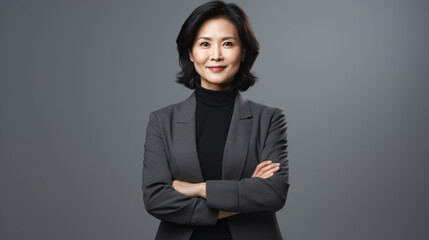 Stylish confident adult 50 years old Asian female psychologist standing arms crossed looking at camera at gray background.