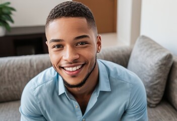 Wall Mural - Handsome young man smiling and relaxing on a couch at home. His casual pose suggests comfort and ease in his personal space.
