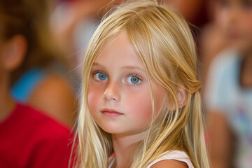 Wall Mural - A blonde girl with blue eyes and long hair sitting in the audience at an event