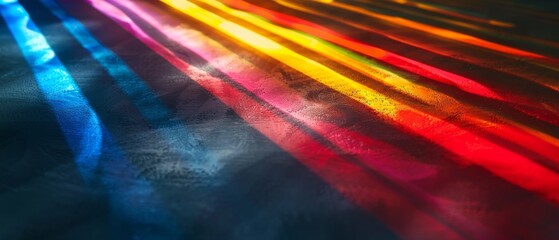 Wall Mural - dark abstract background with leaking rays of rainbow coloured light.