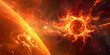 Solar flare dance, vibrant hues of orange and red against the blackness of space