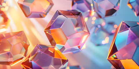 Sticker - ultra-sharp 3d floating hexagonal prisms with holographic surfaces, casting vivid shadows -