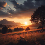 Fototapeta Sawanna - Sunset over grassy land with trees and mountains in the background