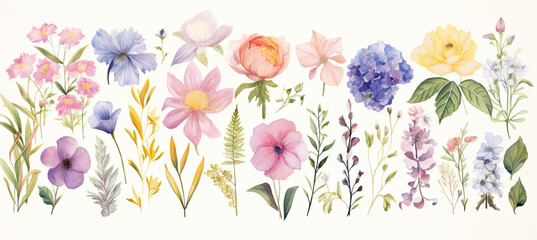 Wall Mural -  Collection of watercolor soft flowers Isolated on white background