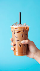 Wall Mural - A hand holding takeaway plastic cup of delicious iced coffee on pastel blue background