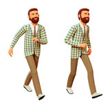 Fototapeta Kosmos - A smiling 3D man strides confidently, dressed in a checkered jacket, brown trousers, and white shoes. Happy walking bearded cartoon man