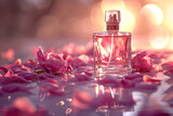 Fototapeta Miasto - Perfume bottle with rose flower petals around and sunlight