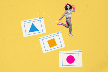 Creative image photo collage young cheerful girl dance internet web windows interface computer app geometric figures yellow background
