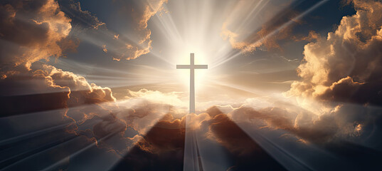 Cross in the clouds and rays of sun, power of faith concept