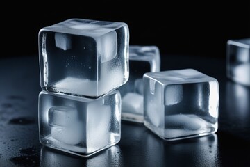 Realistic ice cubes on a dark background, horizontal composition