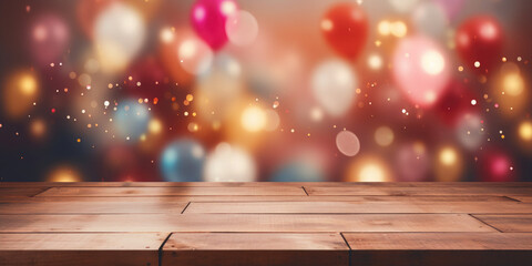 Wall Mural - Empty wooden board on the background of airy multi-colored balloons, golden bokeh. Festive background for birthday, anniversary, holiday. Background for product presentation and demonstration.