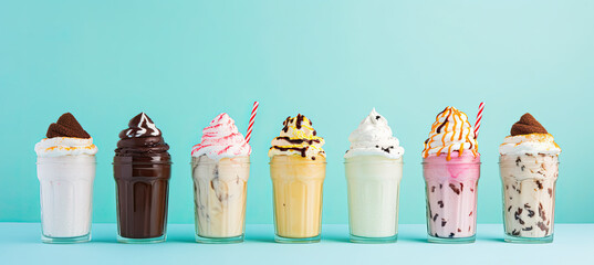 Wall Mural - Ice cream milkshakes arranged in a row on pastel blue background on pastel blue background