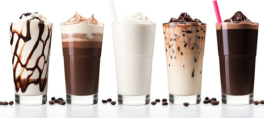 Wall Mural - Milk and chocolate syrup drinks on white background