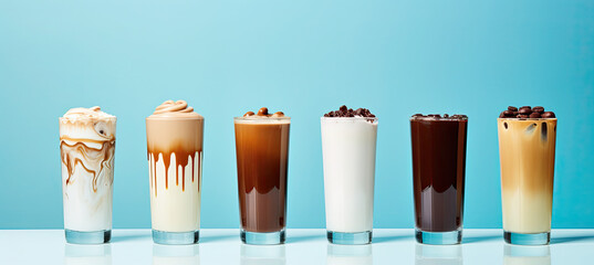 Wall Mural - Milk and chocolate syrup drinks on pastel blue background