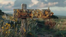 A Weathered Sign On A Wooden Post In A Field. Suitable For Outdoor And Rustic Themed Designs