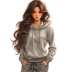 Canvas Print - Fashionable young woman with long wavy hair in a hoodieisolated on transparent background. 