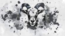 A Goat's Face Depicted In Black And White With Watercolor-like Stains Evoking The Aesthetic. Image That Can Be Printed On T-shirts, Paintings, Hats And Bags.