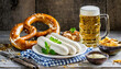 Weisswurst with pretzel and beer, baviaria germany