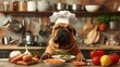 dog in a chef hat preparing healthy and delicious meals for animals in the kitchen