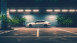 A white car is parked in the parking lot of an indoor shopping mall, surrounded by plants and greenery. The background features a gray wall with neon lights. Rendered in the style of photorealistic re