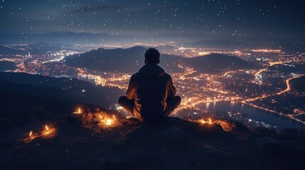 Wall Mural - A man sitting on top of a mountain at night. Perfect for outdoor adventure concepts
