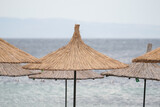 Fototapeta  - Sunbeds, Umbrellas and Hammocks in a beach