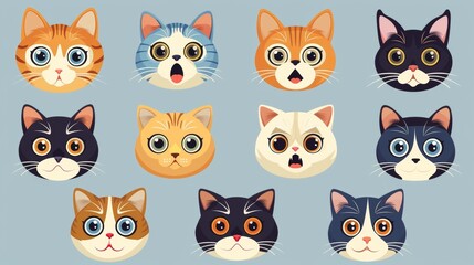 Wall Mural - Cute shocked cats, flat modern illustration. Funny puzzled puzzled shocked puzzled kitties looking, staring, with astonished emotion, expression. Isolated flat modern image.