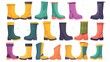 Rubber wellies and gumboots for rainy weather. Trendy water-resistant footwear with a trendy style. Flat modern illustrations isolated on white.
