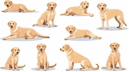 Wall Mural - A collection of scenes showing a labrador retriever sitting, lying and standing. Cute purebred dog, puppy of the lab breed, in different positions. Flat modern illustrations isolated on white.