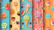 Candy seamless patterns. Endless sweet backgrounds. Lollipop, ice-cream cones, confectionery, repeating prints, textures for wrapping, fabric, textile design. Colored flat modern illustrations.