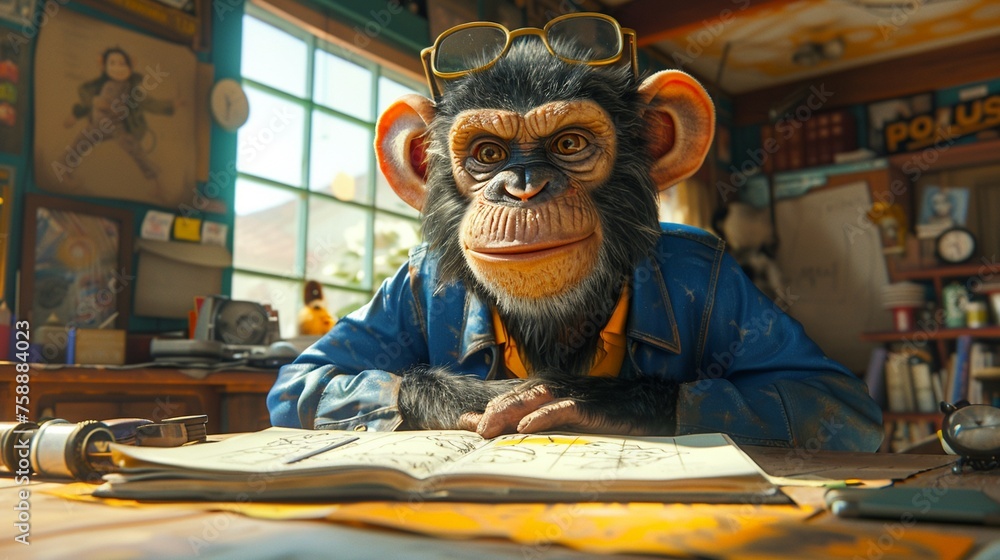 Against the backdrop of a cartoonists studio a mischievous monkey ...