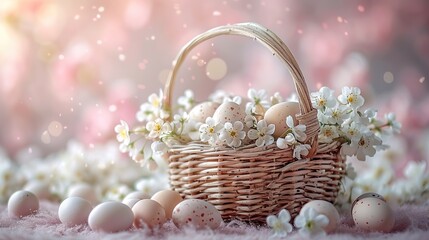 Easter background. Beautiful composition of colorful eggs and spring flowers on a delicate background. Spring holidays concept with copy space.