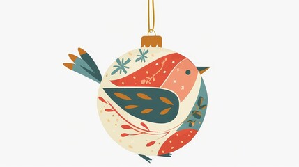 Wall Mural - The vintage bird bauble is a Christmas tree decoration in animal shape, as well as a toy. Winter holiday decoration in retro style. Flat modern illustration isolated on white.