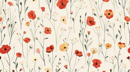 Wall Mural - A seamless floral pattern. Field flowers in spring and summer. Botanical pattern with tiny stems and flowers. Floral texture for textile, fabric. Flat graphic modern illustration.