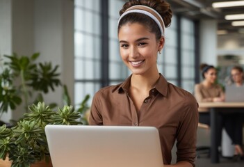 Wall Mural - A professional woman using a laptop with colleagues behind her.