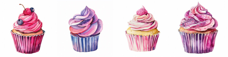 Wall Mural - Set of  Four vibrant watercolor cupcakes with swirling frosting and berries, isolated on white background, suitable for dessert menus or culinary blog headers