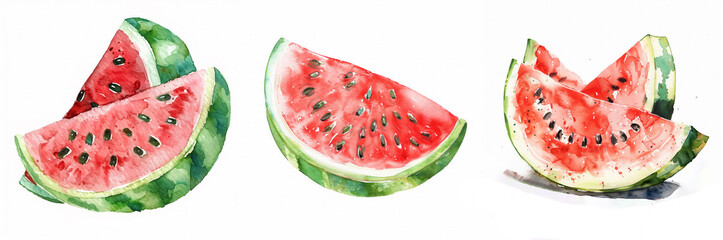 Wall Mural - Set of  Three watercolor painted slices of juicy watermelon with seeds, isolated on a white background, ideal for summer-themed designs with space for text