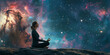 Open the mind into the universe and feel the spiritual aweking young woman meditating on a meteor in the galaxy background
