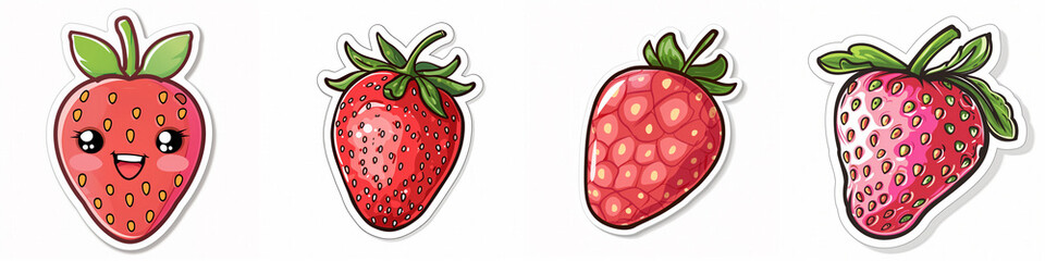 Canvas Print - Set of four cute cartoon strawberry stickers with vibrant colors and fun expressions, ideal for children's designs or food-themed decorations, with space for text on a white background