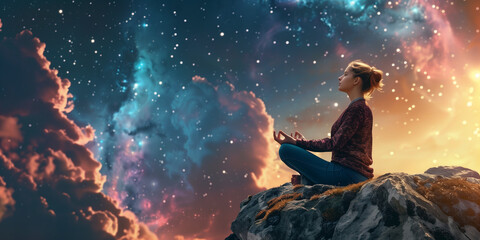 Open the mind into the universe and feel the spiritual aweking young woman meditating on a meteor in the galaxy background