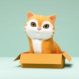 Fototapeta Dmuchawce - Happy cat sitting into box. 3d cartoon character