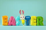 Fototapeta Dmuchawce - Cute bunny staying middle colorful Easter balloons. 3D cartoon character