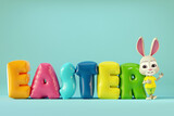 Fototapeta Dmuchawce - Cute bunny staying near colorful Easter balloons. 3D cartoon character