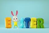 Fototapeta Dmuchawce - Cute bunny staying middle colorful Easter balloons. 3D cartoon character