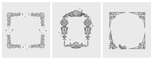 Wall Mural - hand drawn vector abstract outline,graphic,line vintage baroque ornament floral frame in calligraphi